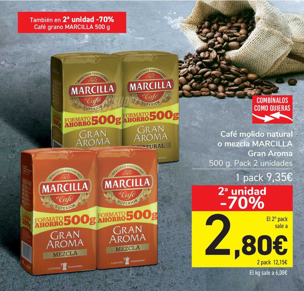 Oferta 2ª Unidad -70% Café Molido Natural O Mezcla Marcilla Gran Aroma en  Carrefour