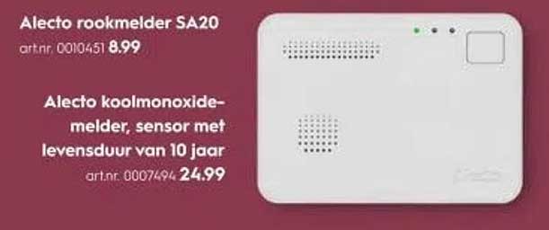 Alecto rookmelder SA20  
Alecto koolmonoxide-melder, sensor met levensduur van 10 jaar