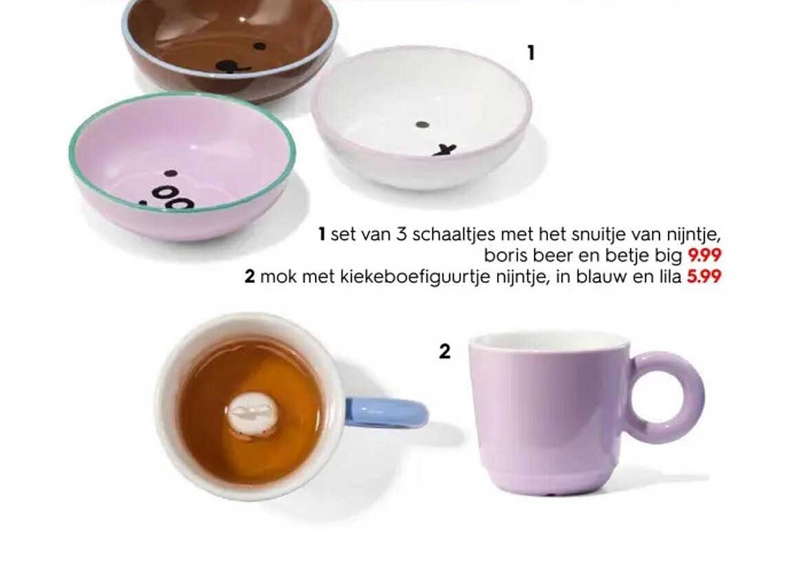 set van 3 schaaltjes met het snuitje van nijntje, boris beer en betje big  
mok met kiekoefiguurtje nijntje, in blauw en lila