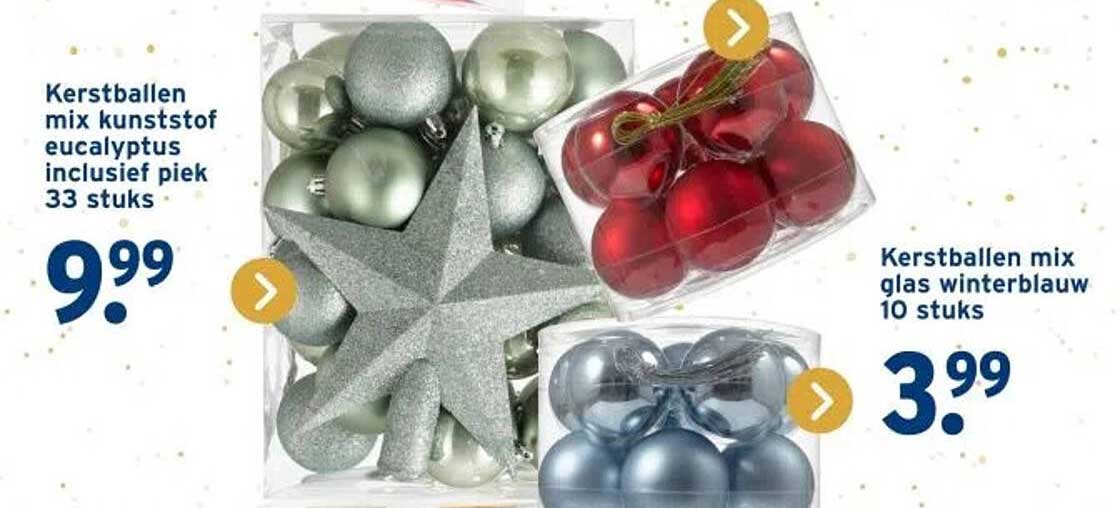 Kerstballen mix kunststof eucalyptus inclusief piek 33 stuks  
Kerstballen mix glas winterblauw 10 stuks