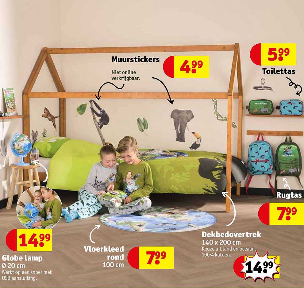 Muurstickers  
Vloerkleed rond 100 cm  
Globe lamp Ø 20 cm  
Toilettas  
Rugtas  
Dekbedovertrek 140 x 200 cm  