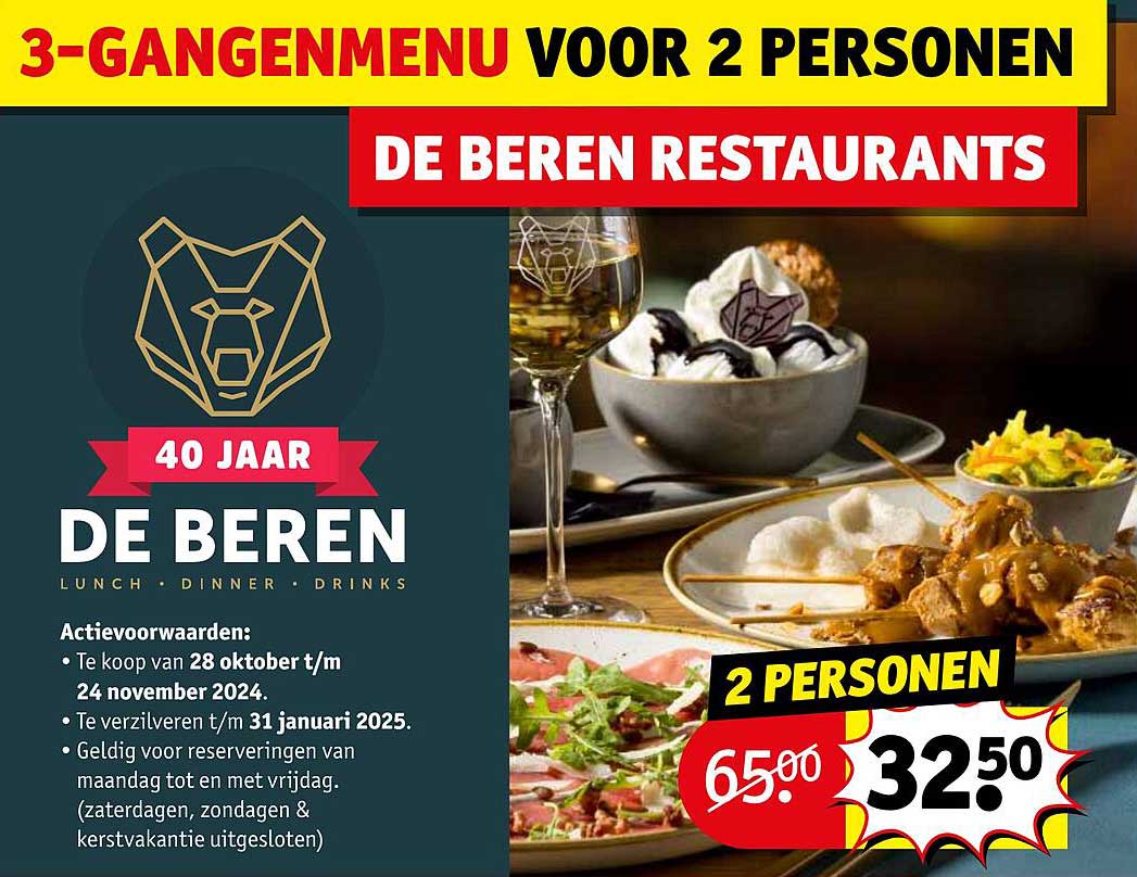 3-GANGENMENU VOOR 2 PERSONEN  
DE BEREN RESTAURANTS