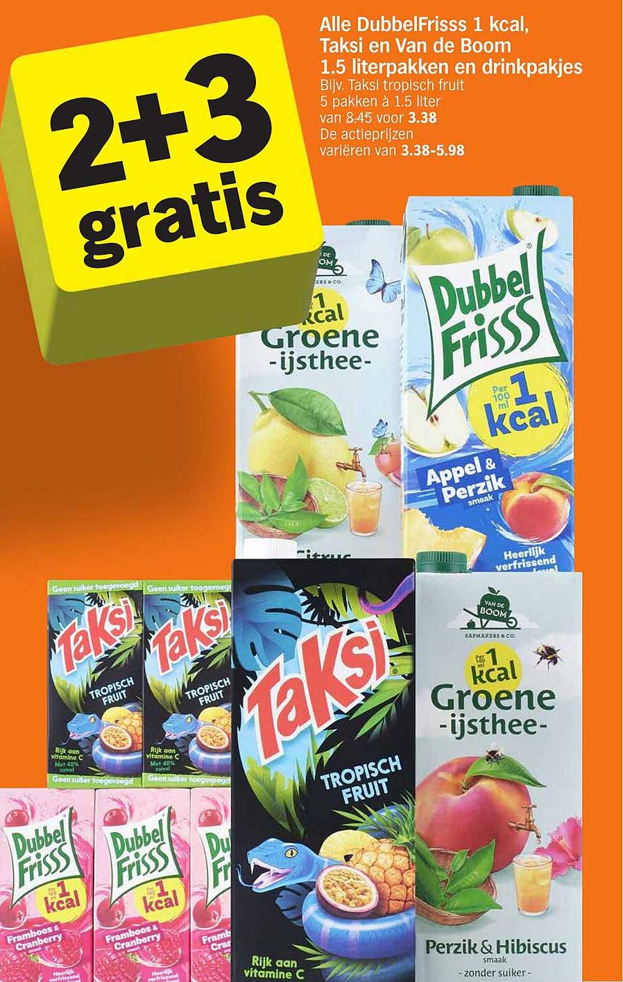 Alle DubbelFrisss 1 kcal, Taksi en Van de Boom 1.5 literpakken en drinkpakjes