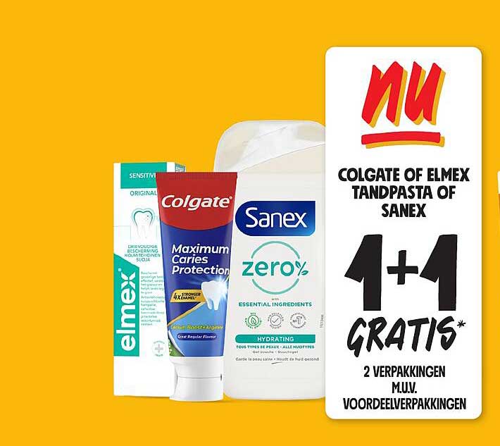 COLGATE OF ELMEX TANDPASTA OF SANEX 1+1 GRATIS