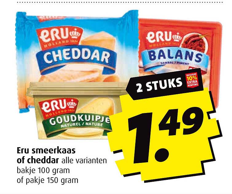 Eru smeerkaas of cheddar alle varianten bakje 100 gram of pakje 150 gram