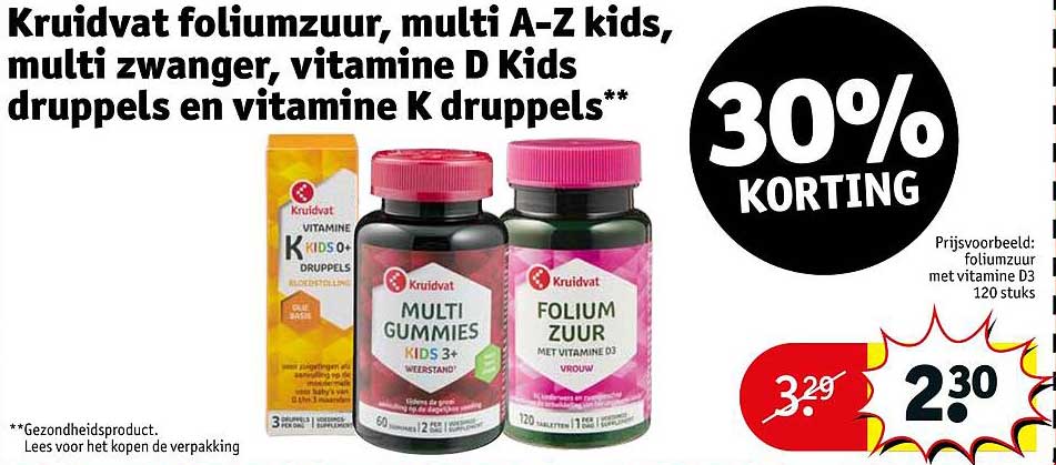 Kruidvat foliumzuur, multi A-Z kids, multi zwangere, vitamine D Kids druppels en vitamine K druppels