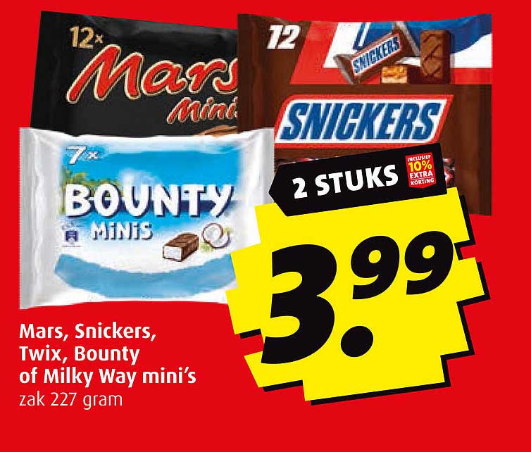 Mars, Snickers, Twix, Bounty of Milky Way mini’s