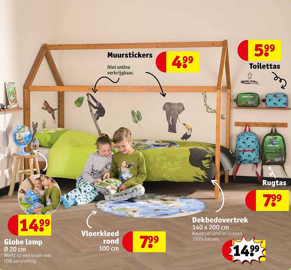 Muurstickers  
Toilettas  
Globe lamp  
Vloerkleed rond  
Dekbedovertrek  
Rugtas  