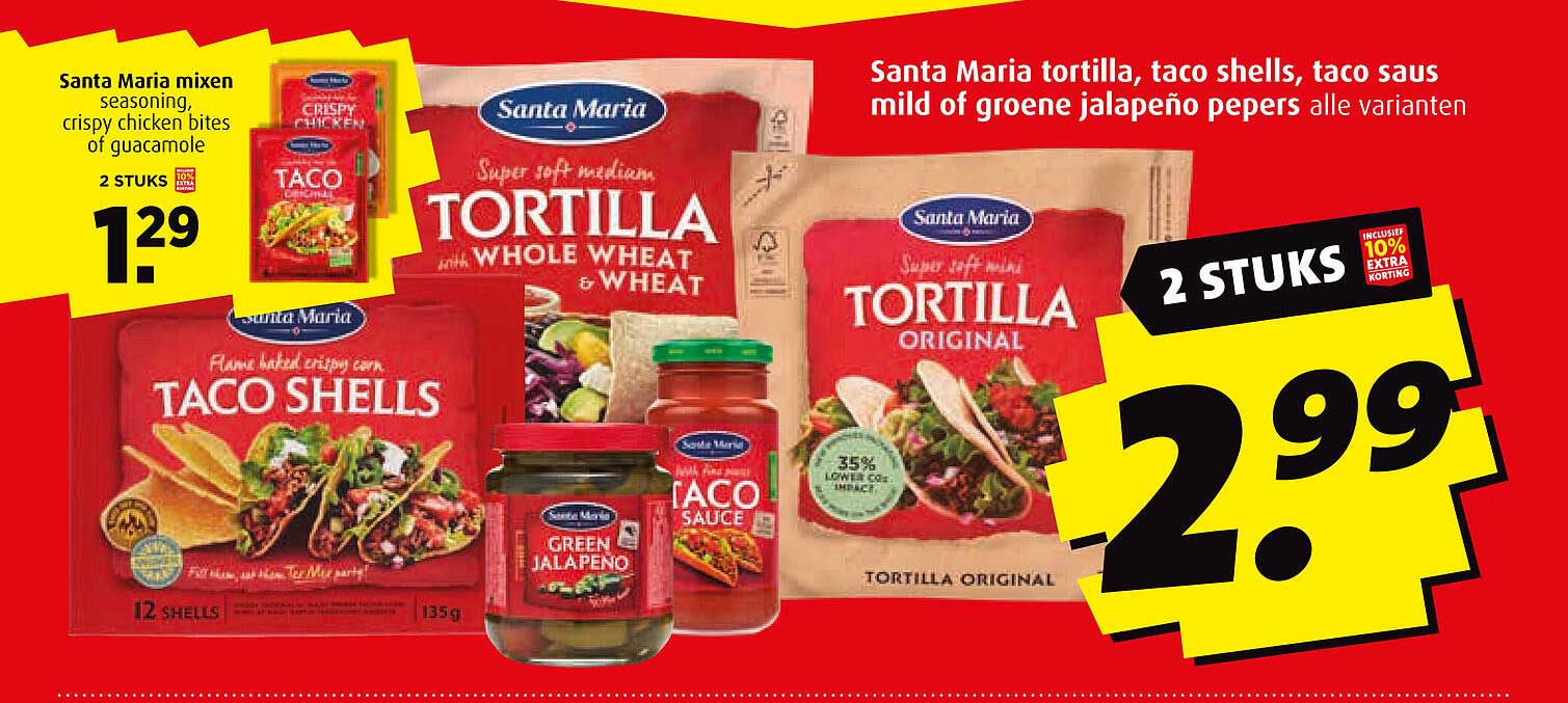 Santa Maria tortilla, taco shells, taco saus mild of groene jalapeño pepers alle varianten