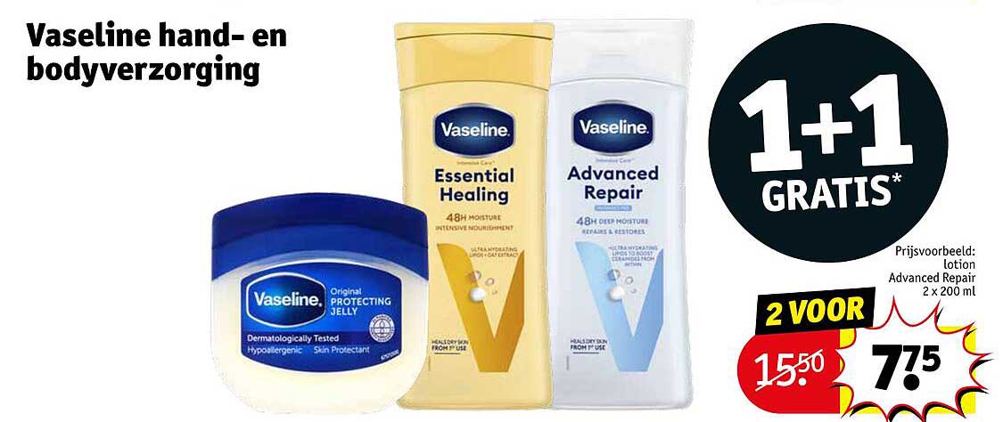 Vaseline hand- en bodyverzorging 1+1 GRATIS*