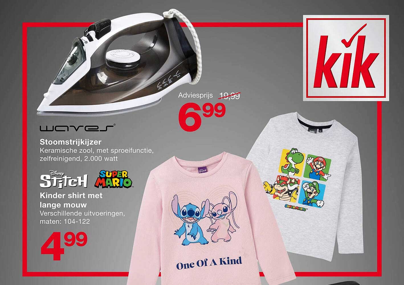 Waves Stoomstrijkijzer  
Disney Stitch Kinder shirt met lange mouw  
Super Mario Kinder shirt met lange mouw