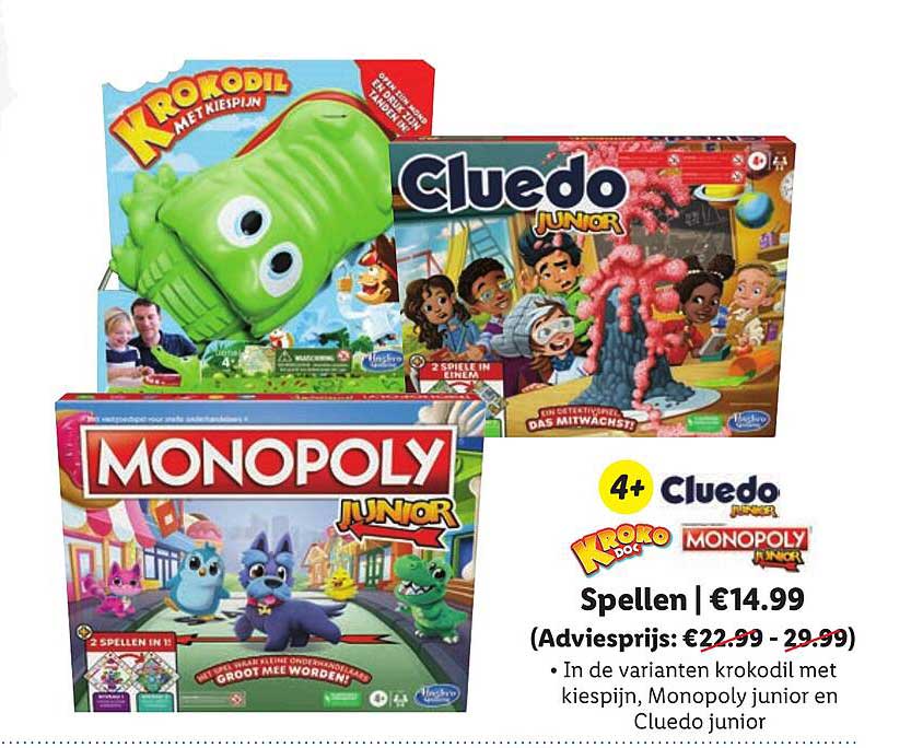 Krokodil met kiespijn, Cluedo Junior, Monopoly Junior