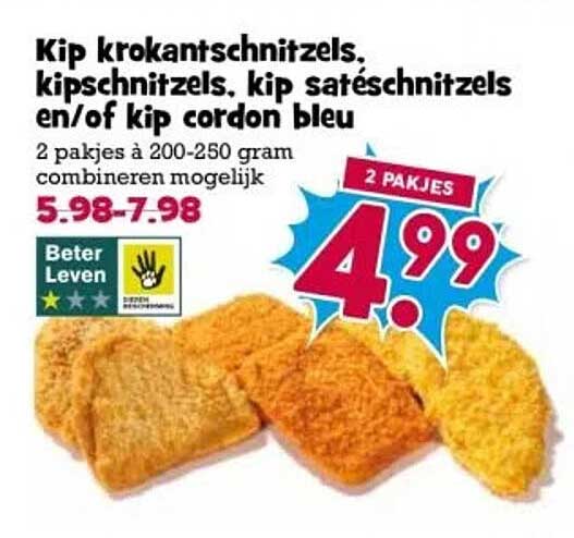 Kip krokantschnitzels, kipschnitzels, kip satéschnitzels en/of kip cordon bleu