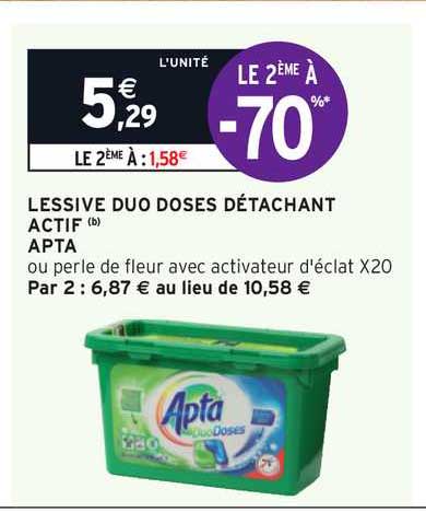 Promo APTA lessive duo doses detachant actif X20 chez Intermarché