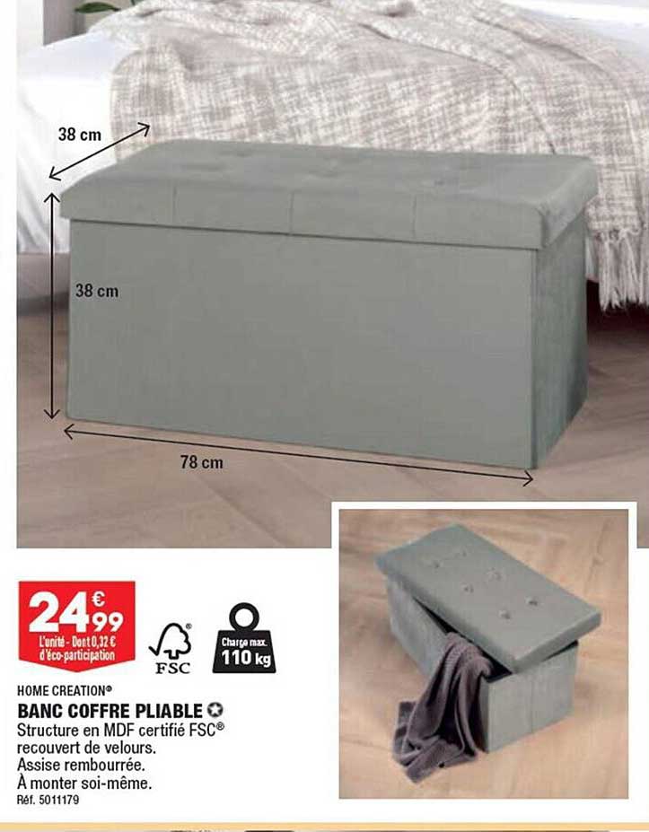 Pouf-coffre De Rangement PINPLUS - Dimensions 110x38x38 Cm, Blanc, Assise Rembourrée, Pliable, Capacité 300 Kg