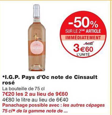 Promo Igp Pays D'oc Note De Cinsault Rosé chez Monoprix - iCatalogue.fr