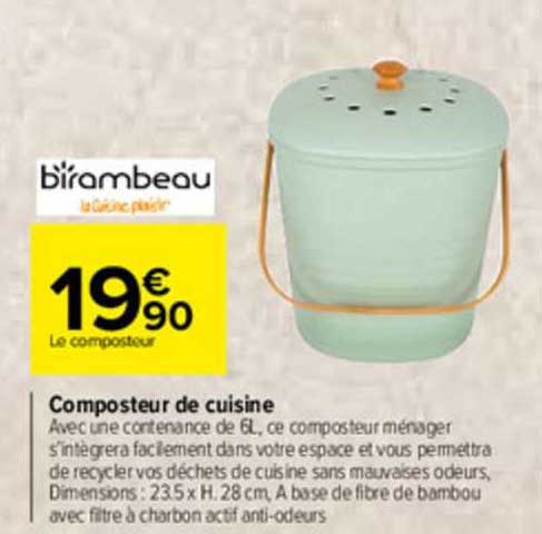 Poubelle Compost Zéro Déchet BIRAMBEAU Filtre Charbon Actif Anti-Odeur 6L Composteur Cuisine 