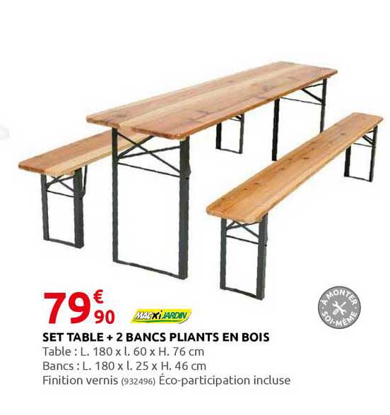 Promo Set Table + 2 Bancs Pliants En Bois Macxi Jardin Chez Rural ...