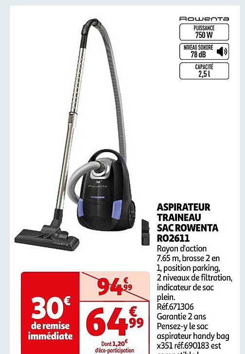 Promo Aspirateur Tra neau Sac Rowenta R02611 chez Auchan