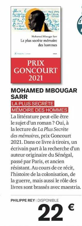 To Secrete Promo Mohamed Mbougar Sarr La Plus Secrète Mémoire Des Hommes chez ...