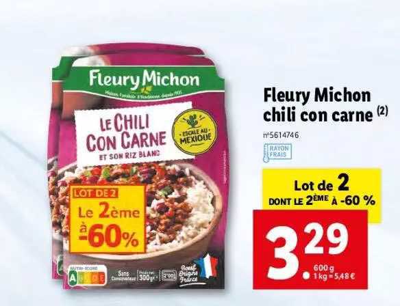 Promo Plat cuisine individuel Offre économique(P) FLEURY MICHON Chili con  carne, lot 2 x 300 g. chez Carrefour