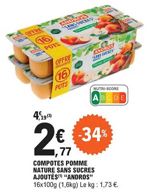 Promo Compotes Pomme Nature Sans Sucres Ajoutés Andros chez E.Leclerc