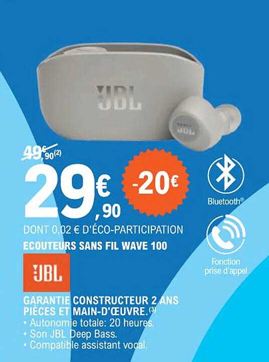 Promo Jbl écouteurs Sans Fil Wave 100 chez E.Leclerc iCatalogue.fr