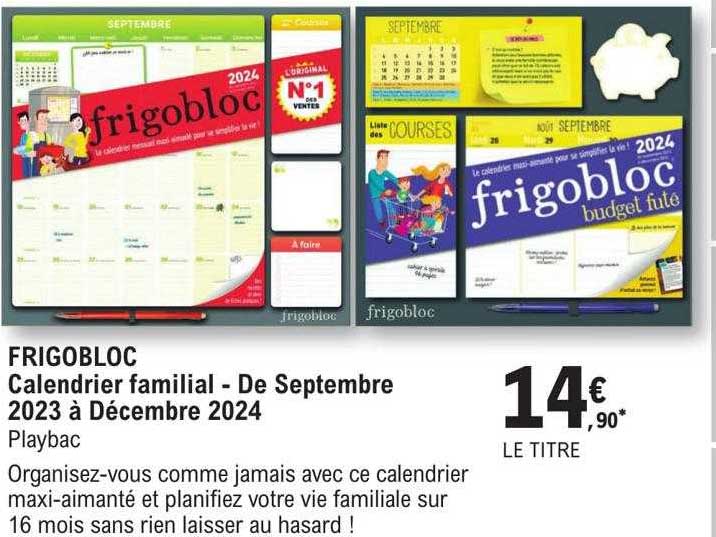 Promo Frigobloc - Calendrier Familial - De Septembre 2023 à Décembre 2024 -  Playbac chez E.Leclerc 