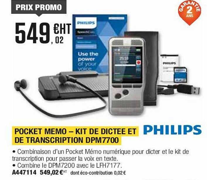 Kit De Dictée Et Transcription Philips PocketMemo DPM7700/02 - Enregistreur Vocal Professionnel Avec Micro Double Et Pédale De Commande