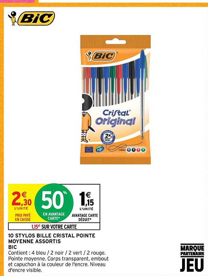 Promo Stylos Bille Cristal Pointe Moyenne Assortis Bic Chez Intermarch Icatalogue Fr