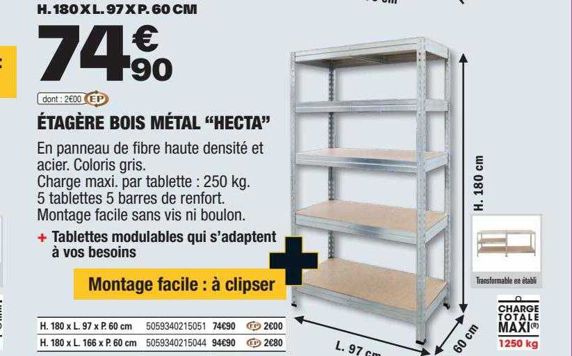 Étagère garage bois/métal Hecta 5 tablettes - H.180 x l.97 x P.40 cm -  Brico Dépôt