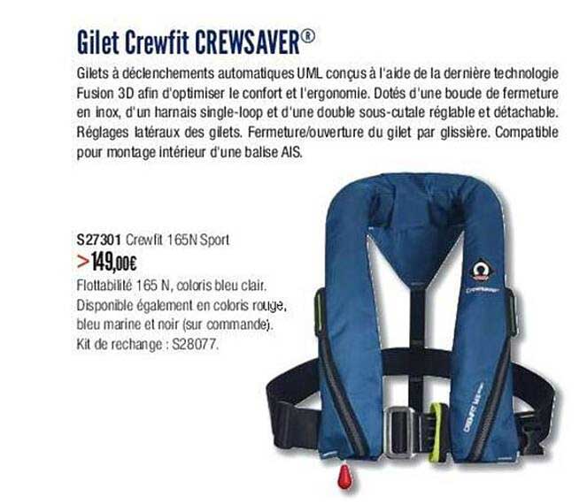 Gilet De Sauvetage Automatique Crewsaver Nava 165N – Noir – Compact Et Léger – Pour Plaisance