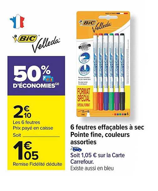 Feutre effaçable à sec pointe fine couleurs assorties x8 BIC VELLEDA : les  8 feutres effaçables à sec à Prix Carrefour