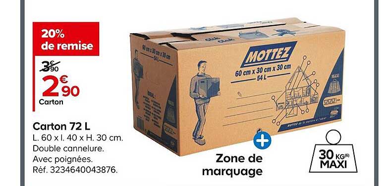 Carton de déménagement avec poignées 30 kg Mottez H. 30 x L. 60 x