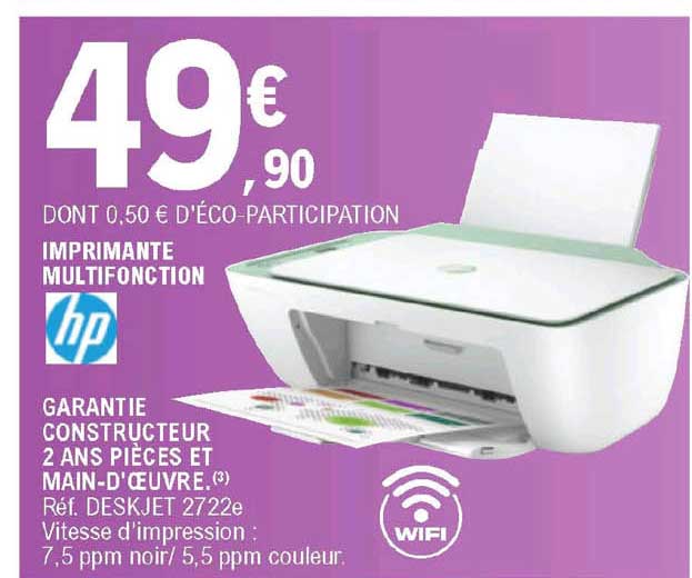 Promo Imprimante Multifonction Hp Deskjet 2722e chez E.Leclerc 