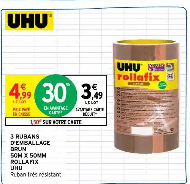 UHU UHU Rollafix Rubans Adhésif d'emballage Brun Ultra Résistant lot 3 50m x 50mm 