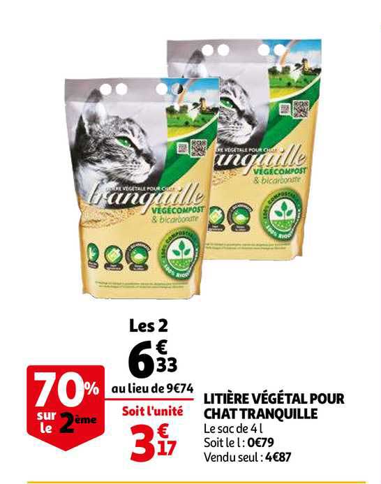 Offre Litiere Vegetal Pour Chat Tranquille 70 Sur Le 2eme Chez Auchan