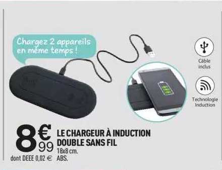 Chargeur à Induction Double - Recharge 2 Smartphones Ou Smartphone + AirPods Simultanément - 5W, Design Plat Et Minimaliste