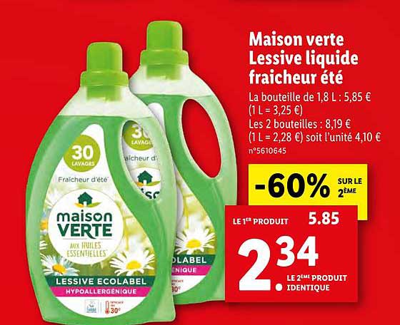 Promo Maison Verte Lessive Liquide Fraîcheur été -60% Sur Le 2ème chez Lidl  