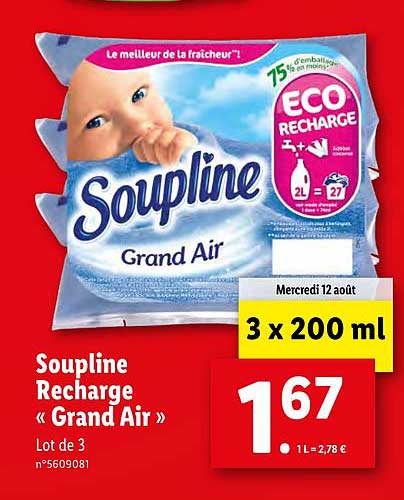 SOUPLINE Adoucissant Grand Air Eco Recharges - 3 x 200 ml