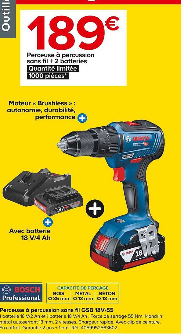 Promo Perceuse à Percussion Sans Fil + 2 Batteries Bosch Professional ...