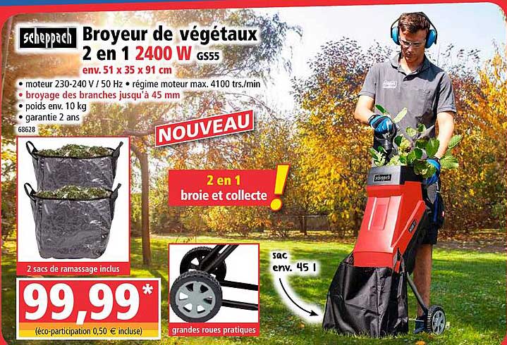Broyeur De Végétaux électrique Scheppach GS70 2800W - Coupe 42 Mm, Bac 56L, 8 Couteaux, Mobile, Silencieux