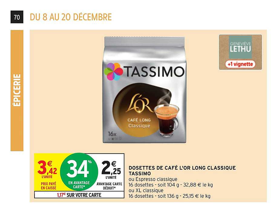 Promo Tassimo dosettes de café l'or long classique chez Intermarché
