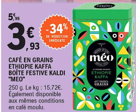 Café en grains Ethiopie Kaldi Kaffa MEO : la boite de 250g à Prix Carrefour