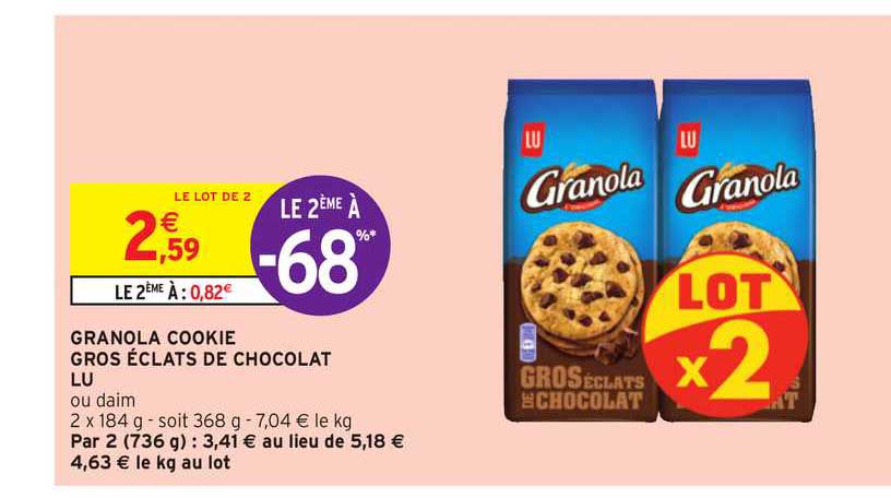 Promo Granola Cookie Gros éclats De Chocolat Lu chez Intermarché ...