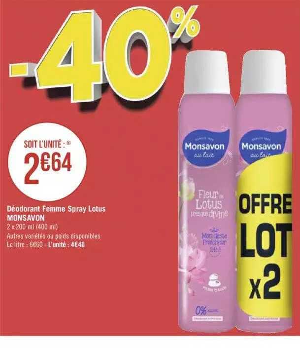 Offre Déodorant Femme Spray Lotus Monsavon chez Casino Supermarches