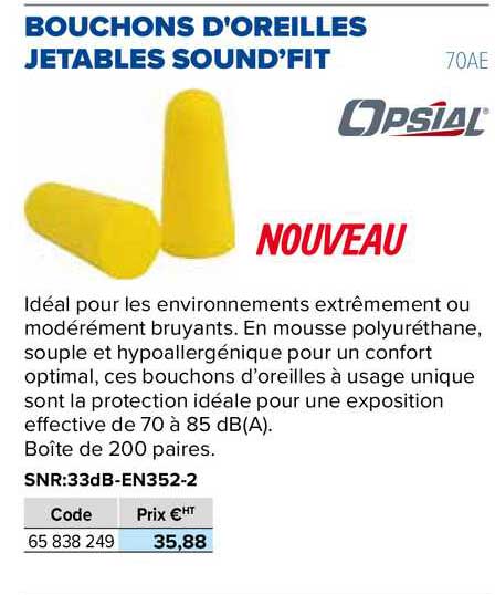 Bouchons d'oreilles à usage unique SOUND FIT 33 dB - boîte de 200 - OPSIAL