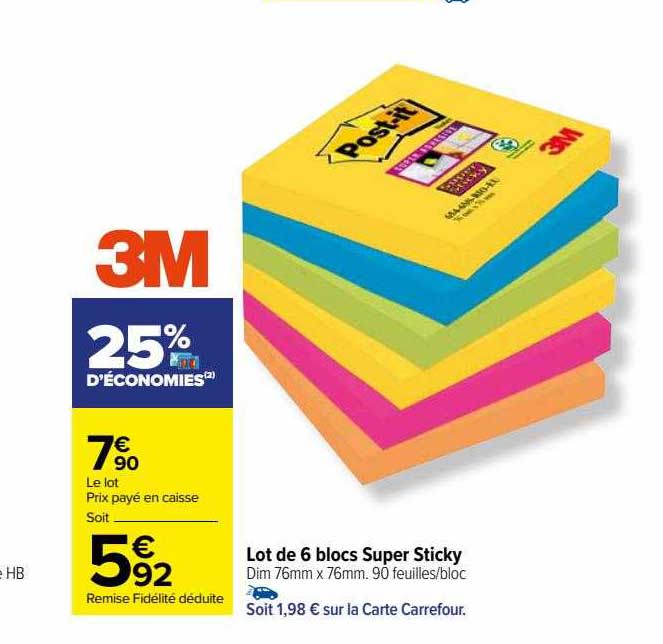 Promo Lot De 6 Blocs Super Sticky 3m chez Carrefour Market - iCatalogue.fr