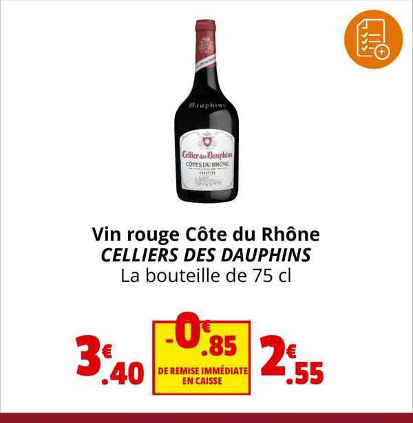 Promo Vin Rouge Côte Du Rhône Celliers Des Dauphins chez Coccinelle Supermarché iCatalogue.fr