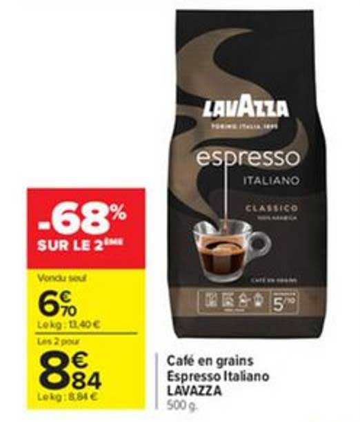 Promo Café En Grains Espresso Italiano Lavazza -68% Sur Le 2ème chez  Carrefour 
